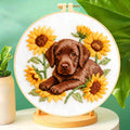 Chocolate Lab & Sunflowers Embroidery Kit – Beginner DIY Craft Set with Hoop, Labrador Puppy Pattern