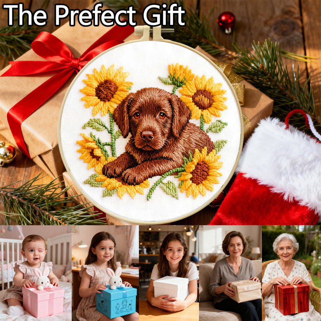 Chocolate Lab & Sunflowers Embroidery Kit – Beginner DIY Craft Set with Hoop, Labrador Puppy Pattern