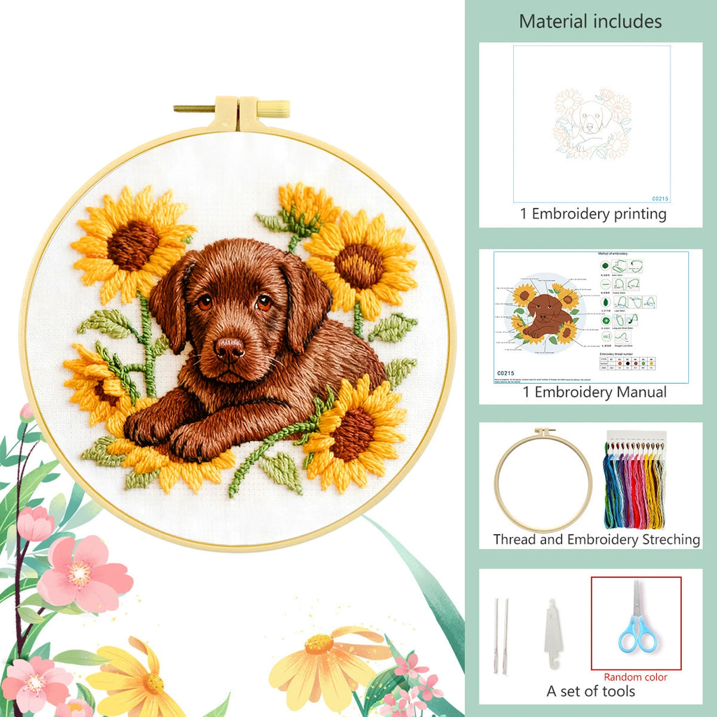 Chocolate Lab & Sunflowers Embroidery Kit – Beginner DIY Craft Set with Hoop, Labrador Puppy Pattern