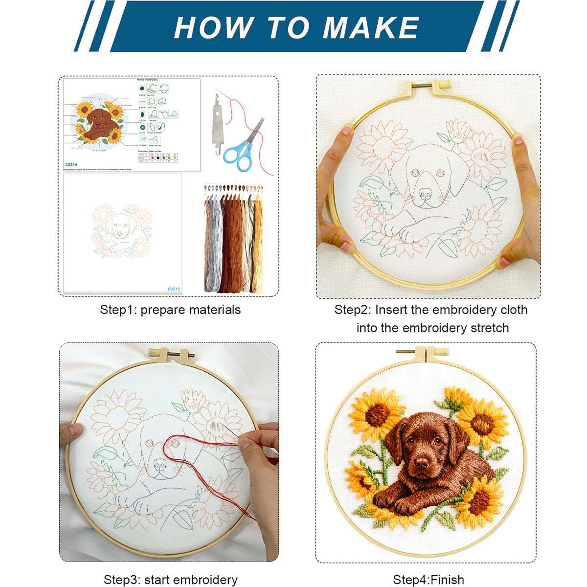 Chocolate Lab & Sunflowers Embroidery Kit – Beginner DIY Craft Set with Hoop, Labrador Puppy Pattern