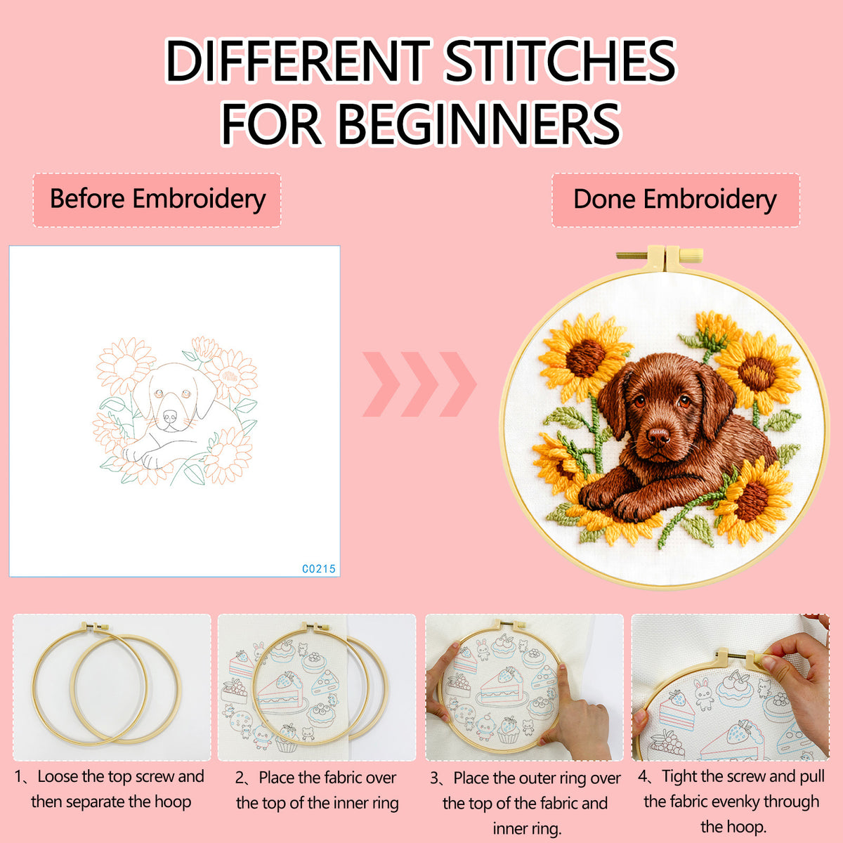 Chocolate Lab & Sunflowers Embroidery Kit – Beginner DIY Craft Set with Hoop, Labrador Puppy Pattern