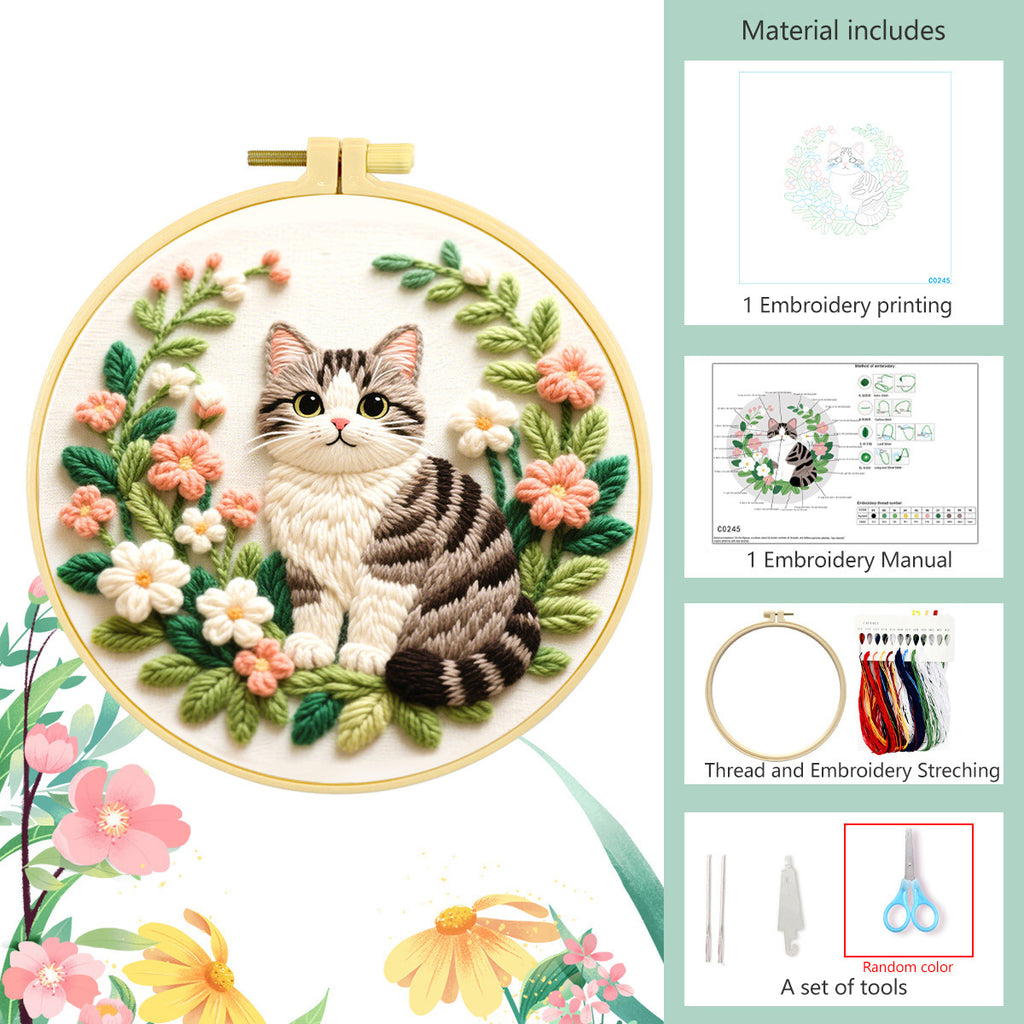 Tabby Cat & Flower Wreath Embroidery Kit – Beginner DIY Craft Set with Hoop, Grey Cat Pattern