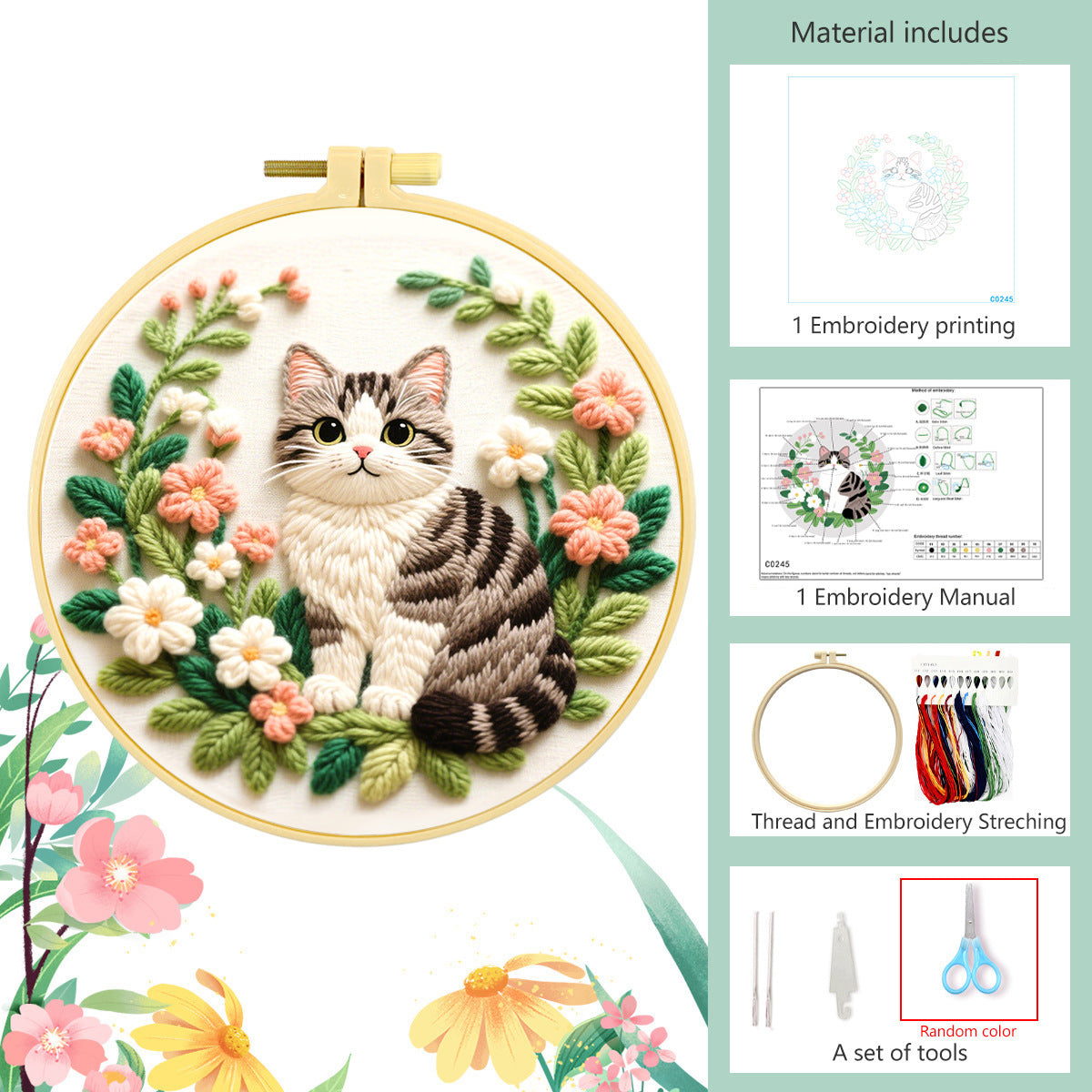 Tabby Cat & Flower Wreath Embroidery Kit – Beginner DIY Craft Set with Hoop, Grey Cat Pattern