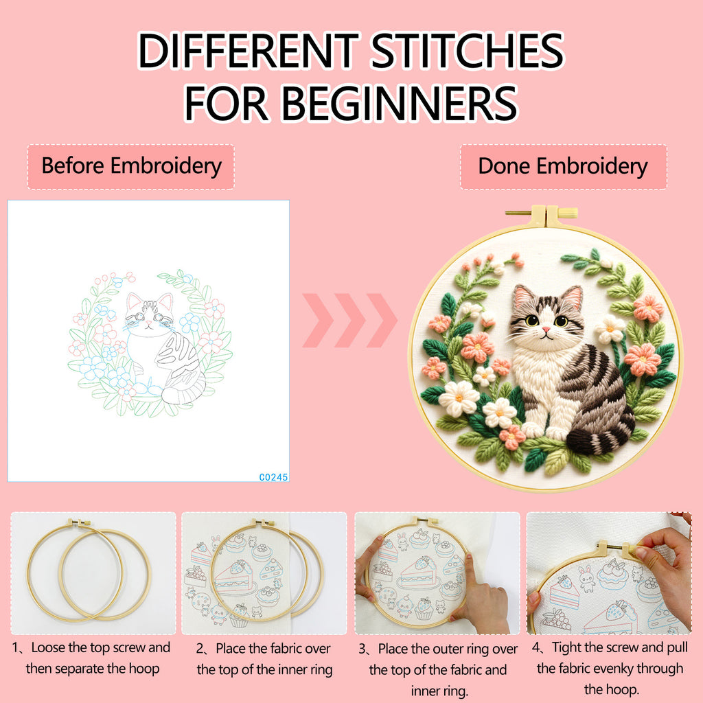 Tabby Cat & Flower Wreath Embroidery Kit – Beginner DIY Craft Set with Hoop, Grey Cat Pattern