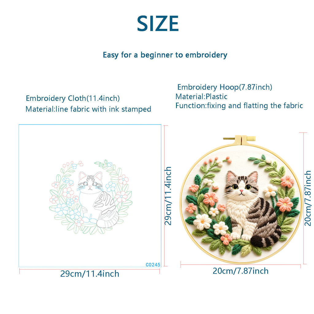 Tabby Cat & Flower Wreath Embroidery Kit – Beginner DIY Craft Set with Hoop, Grey Cat Pattern