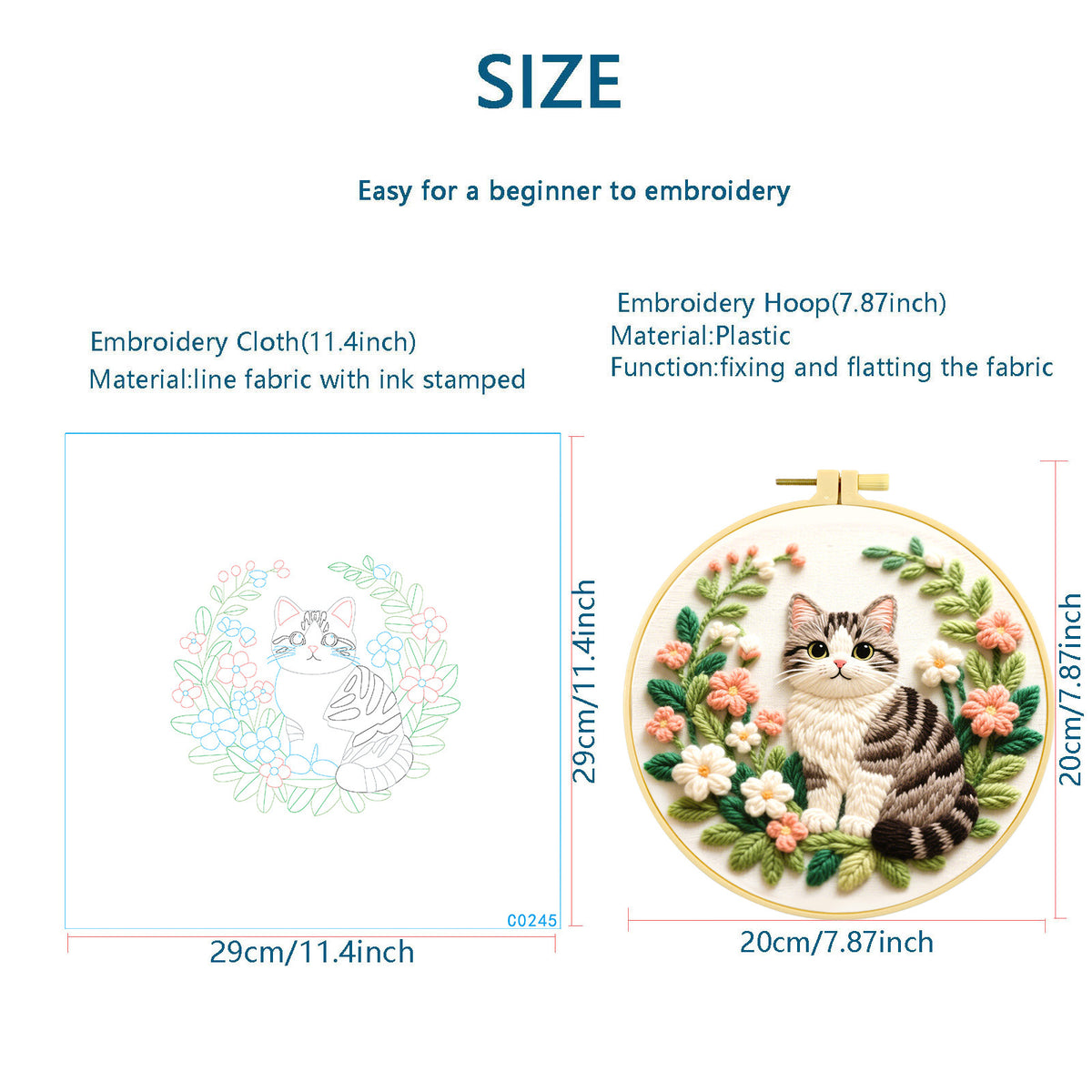 Tabby Cat & Flower Wreath Embroidery Kit – Beginner DIY Craft Set with Hoop, Grey Cat Pattern