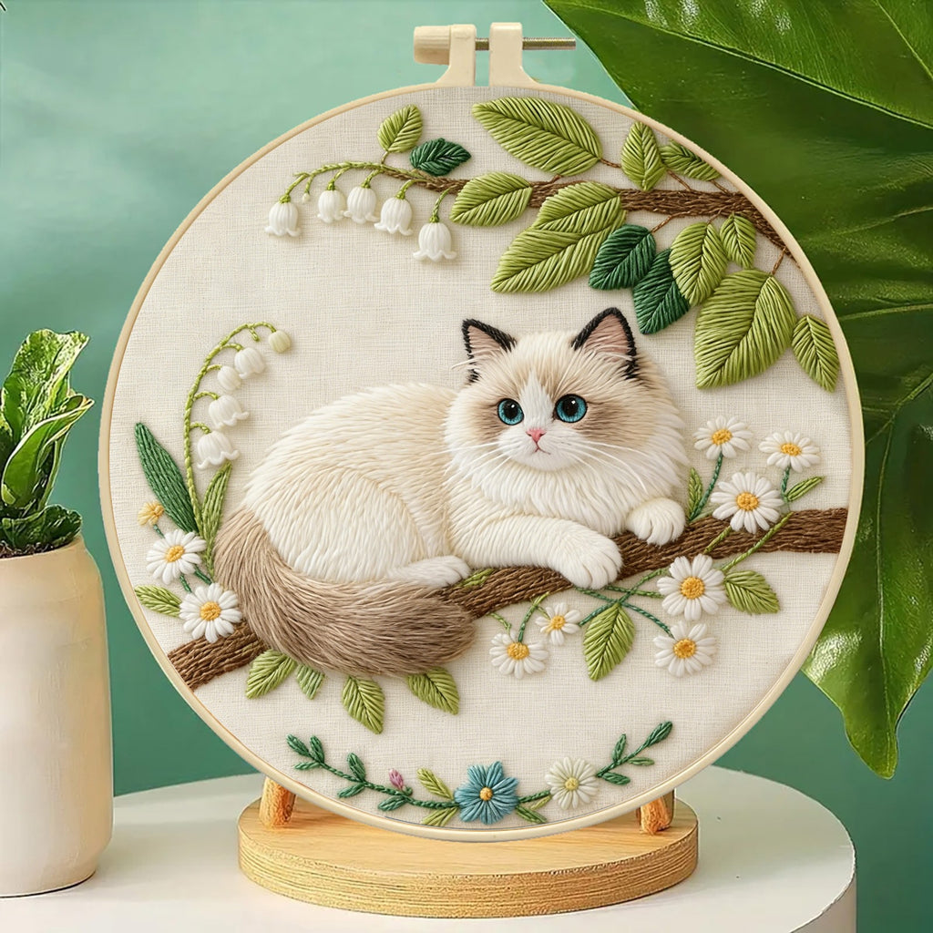 Ragdoll Cat Embroidery Kit – Beginner DIY Craft Set with Hoop, Blue-Eyed Cat on Branch with Daisies