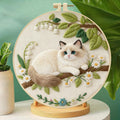 Ragdoll Cat Embroidery Kit – Beginner DIY Craft Set with Hoop, Blue-Eyed Cat on Branch with Daisies