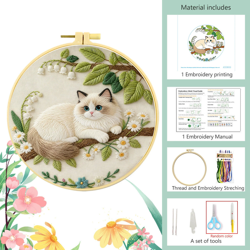 Ragdoll Cat Embroidery Kit – Beginner DIY Craft Set with Hoop, Blue-Eyed Cat on Branch with Daisies