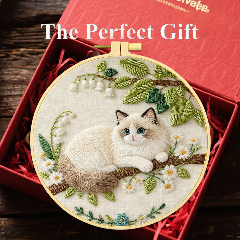 Ragdoll Cat Embroidery Kit – Beginner DIY Craft Set with Hoop, Blue-Eyed Cat on Branch with Daisies