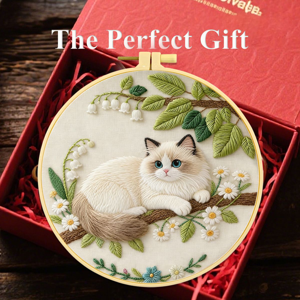 Ragdoll Cat Embroidery Kit – Beginner DIY Craft Set with Hoop, Blue-Eyed Cat on Branch with Daisies