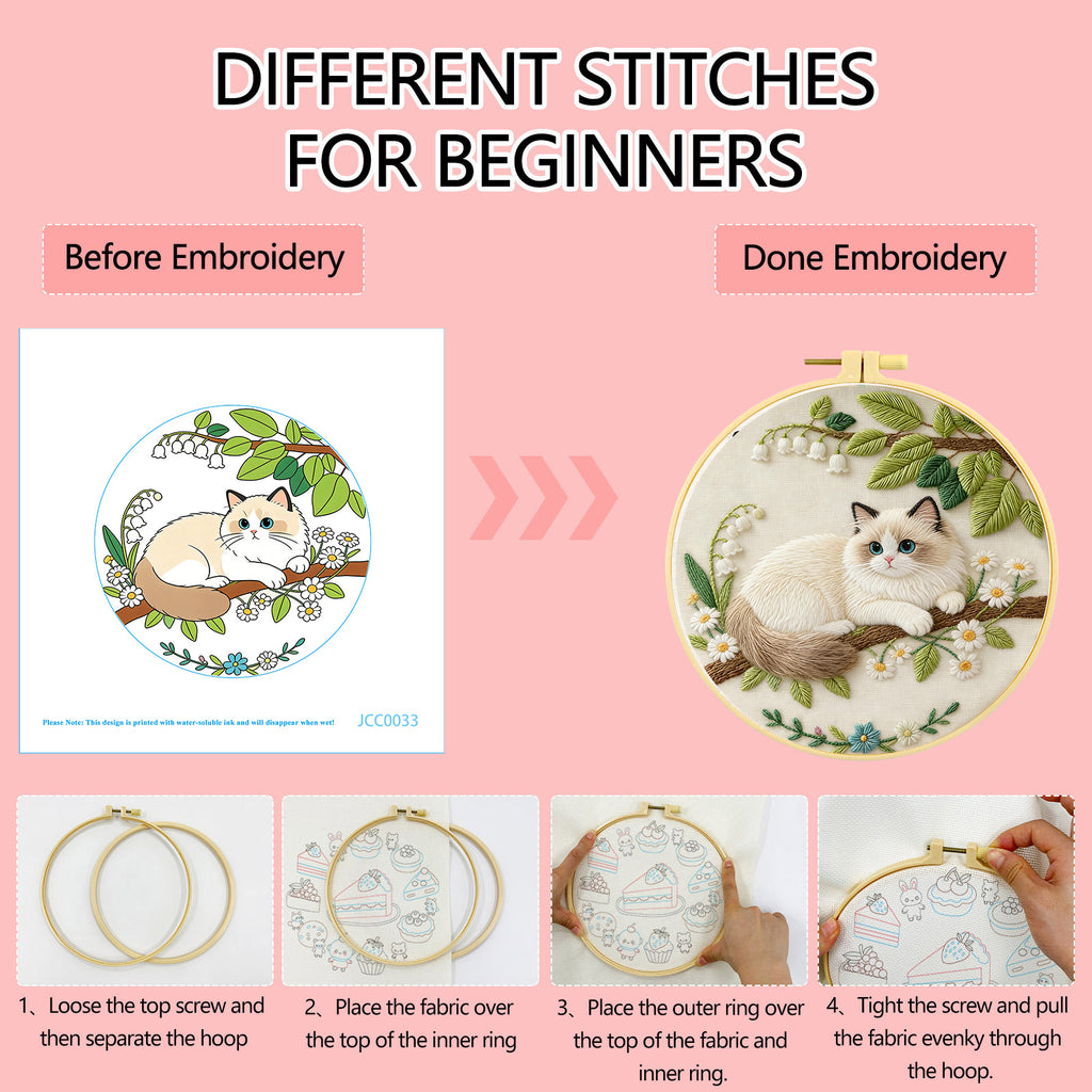 Ragdoll Cat Embroidery Kit – Beginner DIY Craft Set with Hoop, Blue-Eyed Cat on Branch with Daisies