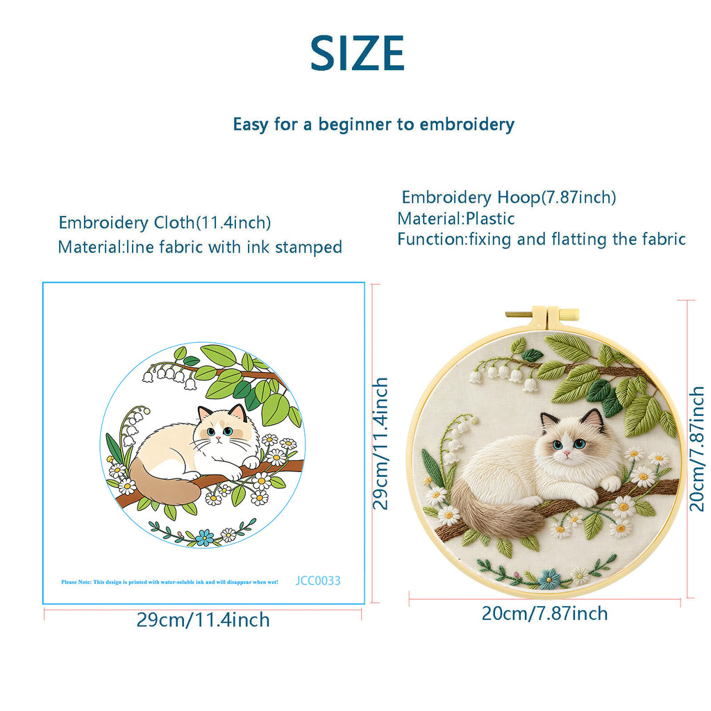 Ragdoll Cat Embroidery Kit – Beginner DIY Craft Set with Hoop, Blue-Eyed Cat on Branch with Daisies