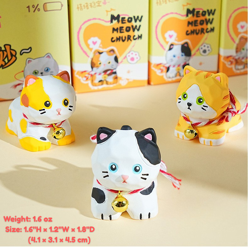 Hand-Carved Style Cat Figurines – Wood-Look Resin Kitty Desk Decor with Bell, 6 Styles (Single or Full Set)