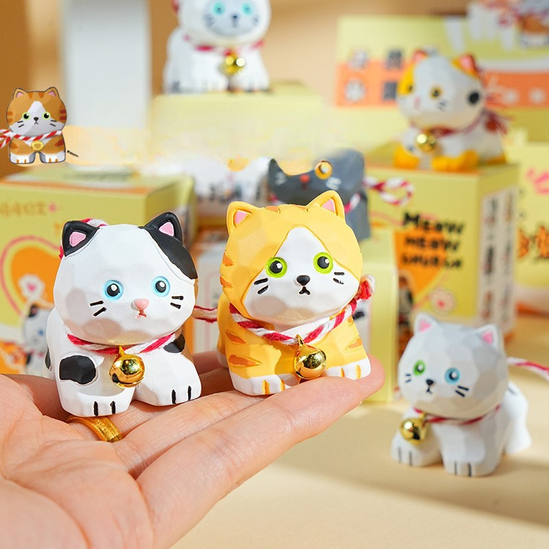 Hand-Carved Style Cat Figurines – Wood-Look Resin Kitty Desk Decor with Bell, 6 Styles (Single or Full Set)