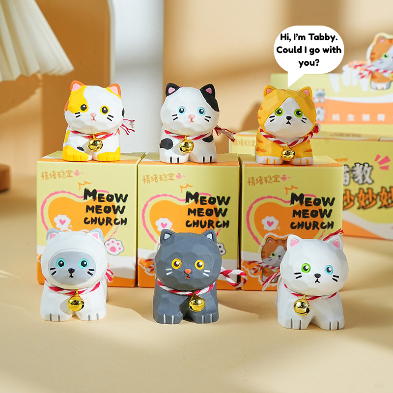 Hand-Carved Style Cat Figurines – Wood-Look Resin Kitty Desk Decor with Bell, 6 Styles (Single or Full Set)
