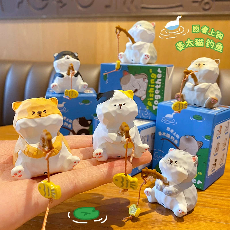 Fishing Cat Figurines – Hand-Carved Style Resin Kitty with Dangling Fish, 6 Styles (Single or Full Set)