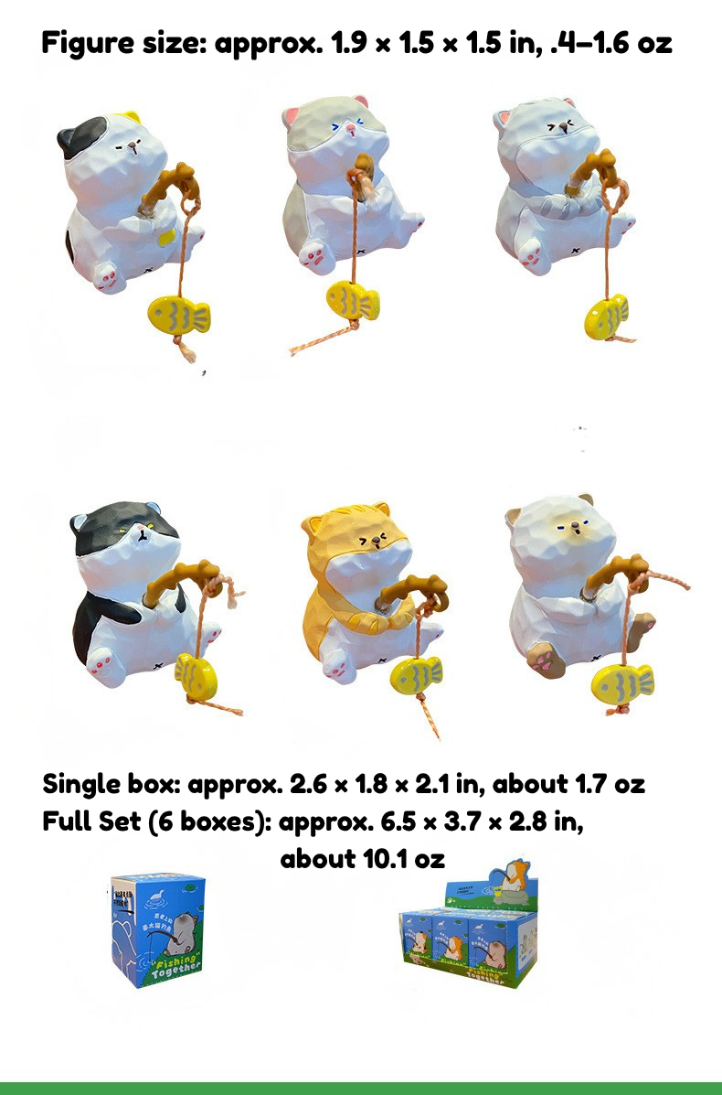 Fishing Cat Figurines – Hand-Carved Style Resin Kitty with Dangling Fish, 6 Styles (Single or Full Set)