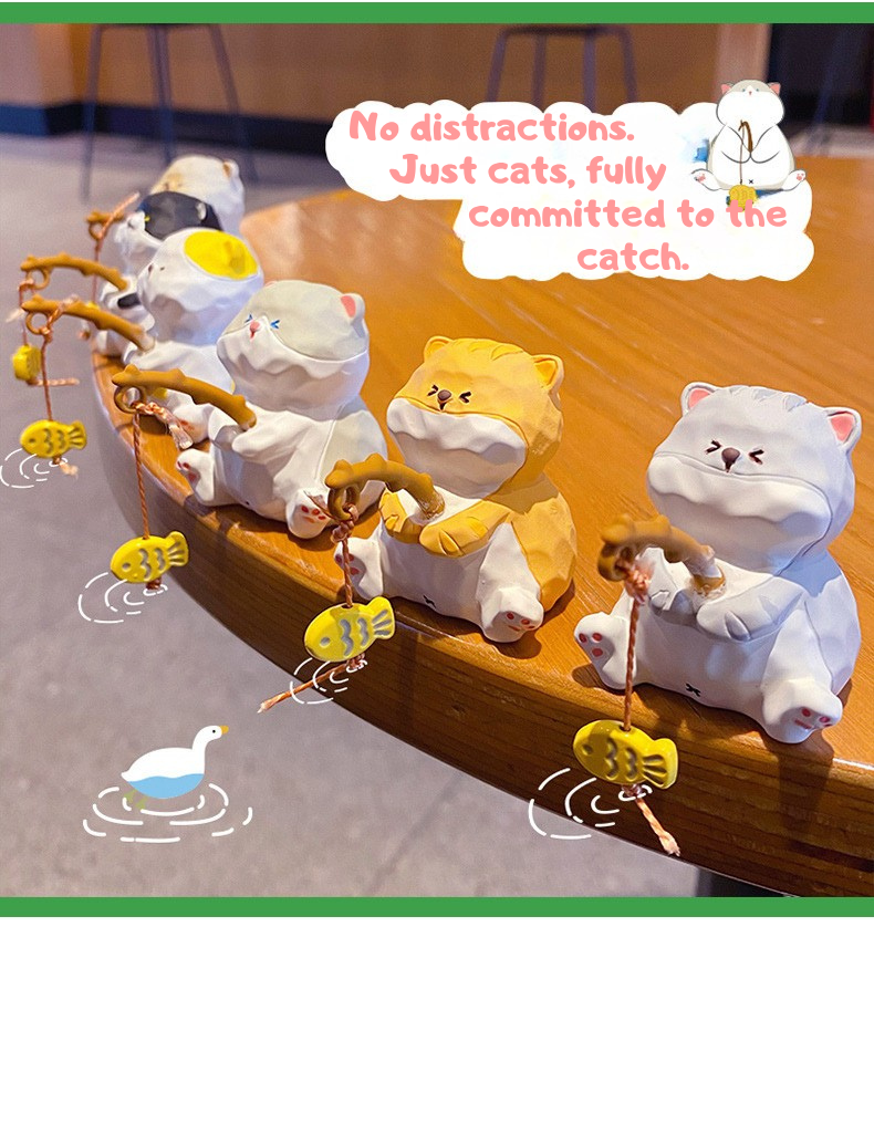 Fishing Cat Figurines – Hand-Carved Style Resin Kitty with Dangling Fish, 6 Styles (Single or Full Set)