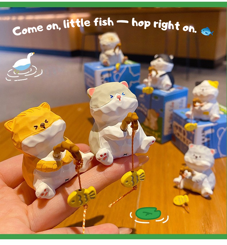 Fishing Cat Figurines – Hand-Carved Style Resin Kitty with Dangling Fish, 6 Styles (Single or Full Set)