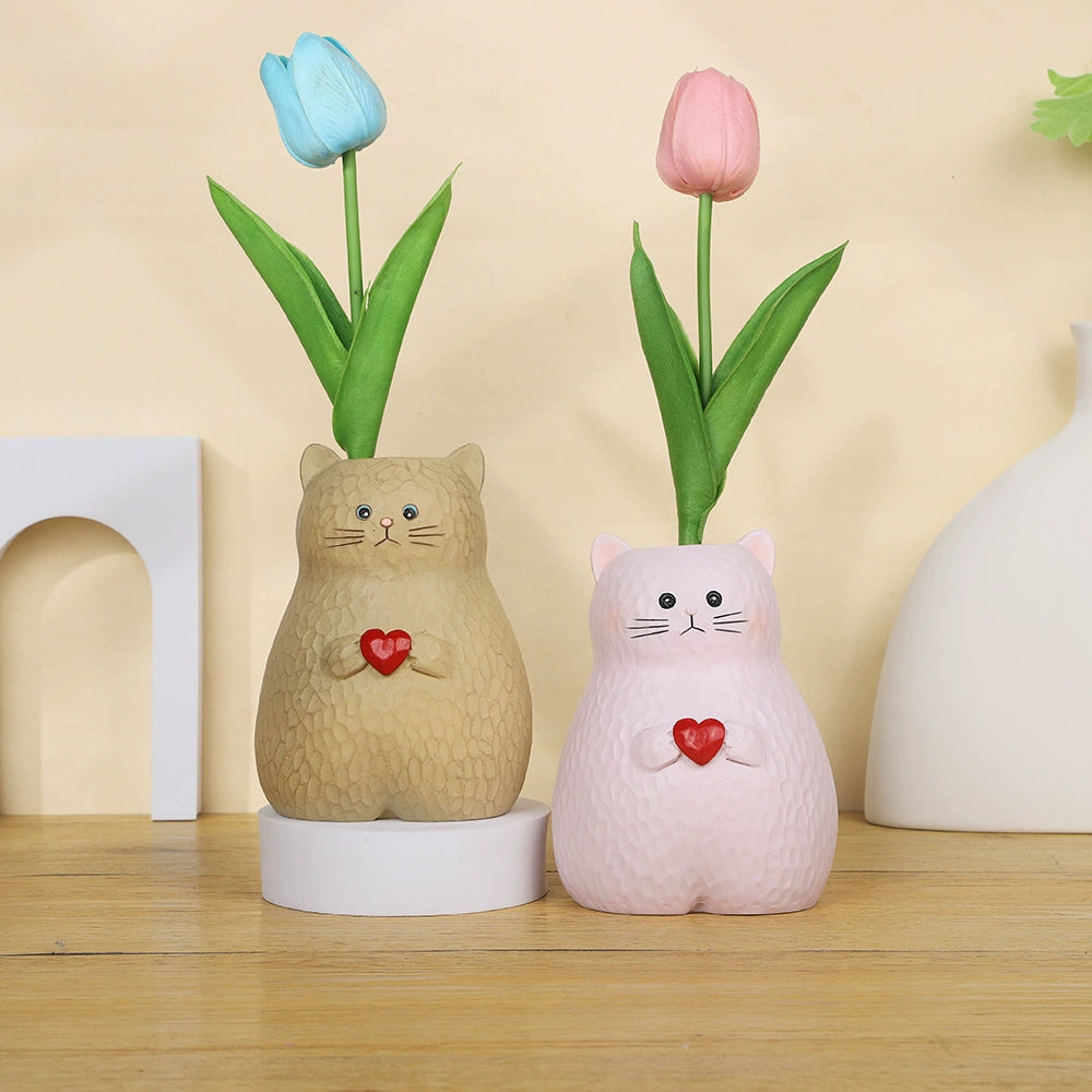 Heart Hug Cat Pen Holder – Hand-Carved Style Kitty Desk Organizer & Dried Flower Vase, 2 Colors
