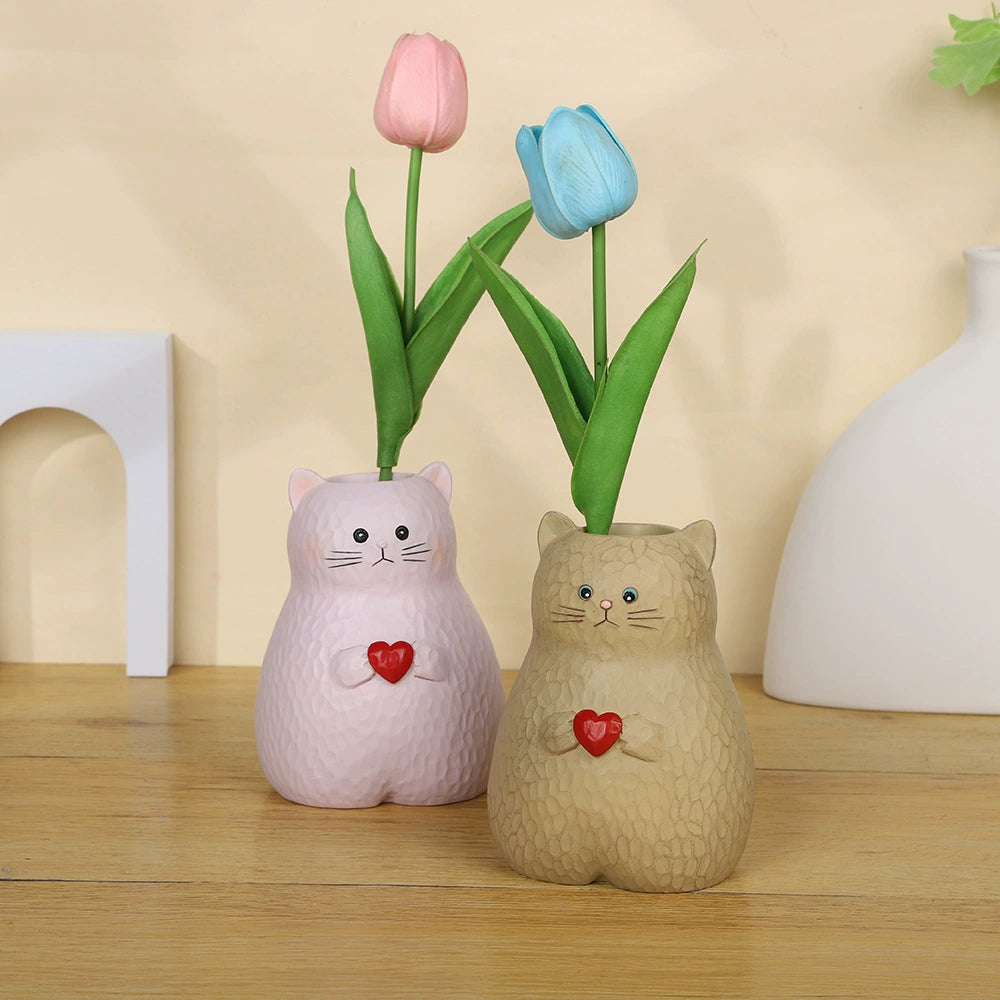 Heart Hug Cat Pen Holder – Hand-Carved Style Kitty Desk Organizer & Dried Flower Vase, 2 Colors