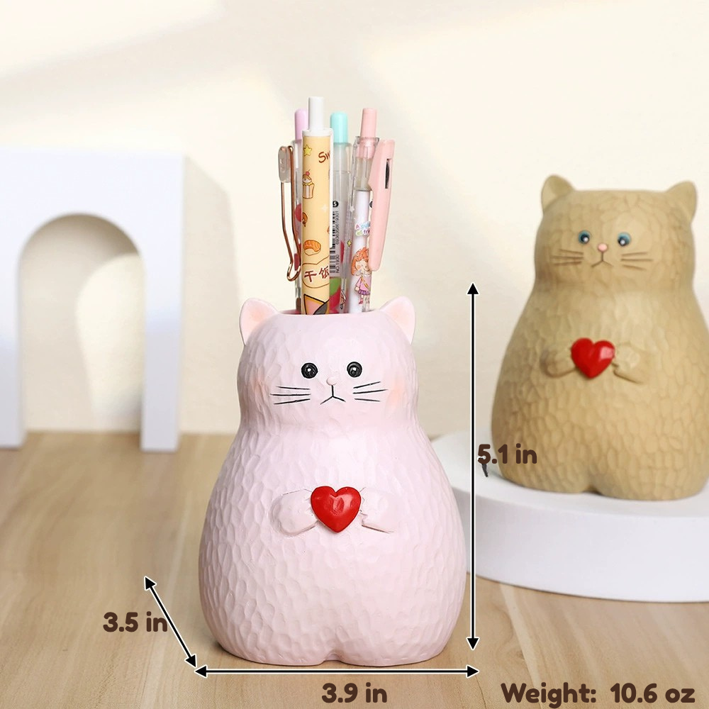 Heart Hug Cat Pen Holder – Hand-Carved Style Kitty Desk Organizer & Dried Flower Vase, 2 Colors