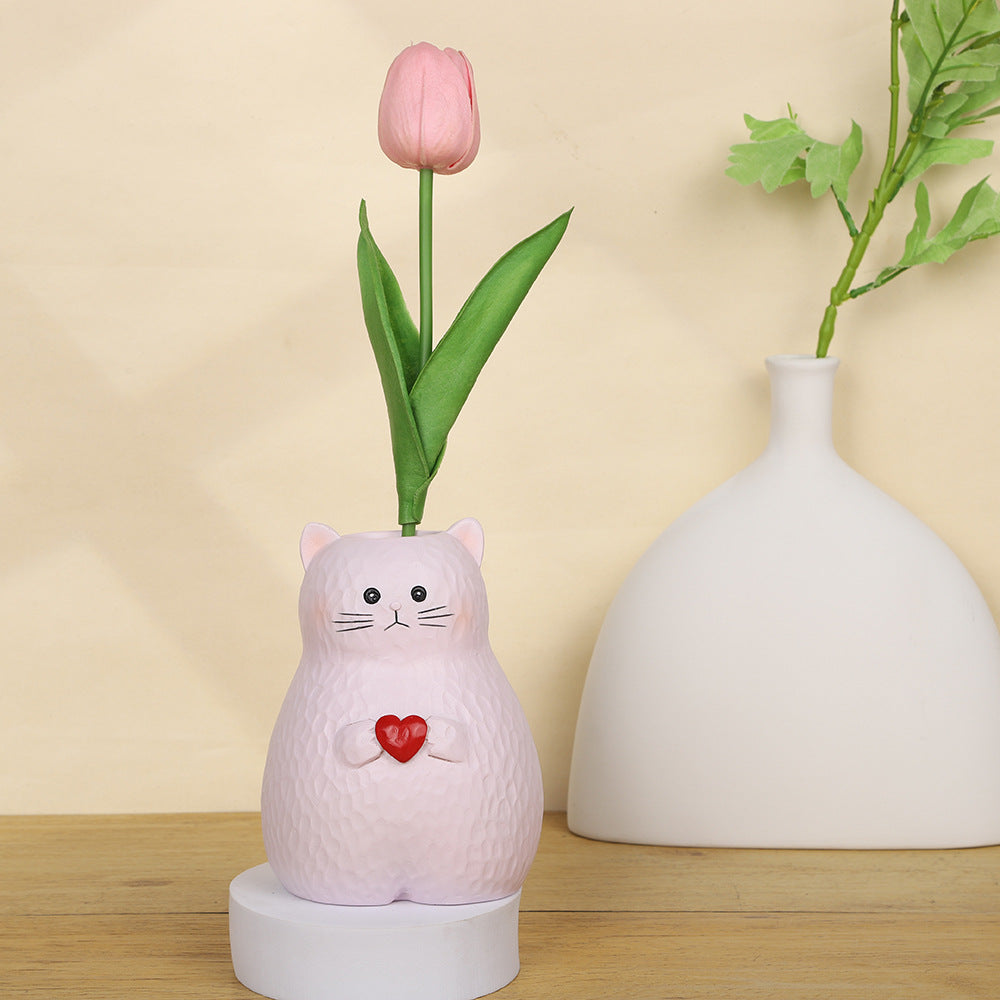 Heart Hug Cat Pen Holder – Hand-Carved Style Kitty Desk Organizer & Dried Flower Vase, 2 Colors