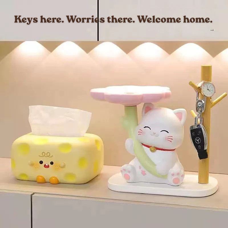 Sakura Cat Jewelry Stand Set – Lucky Cat Tray & Key Organizer for Entryway, Buy Separately or as Set