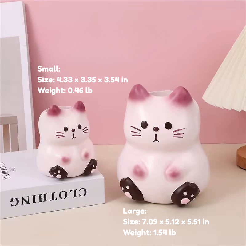 Chubby Cat Pen Holder – Cute Resin Desk Organizer for Pens & Faux Flowers, 2 Sizes (Pink / Orange)