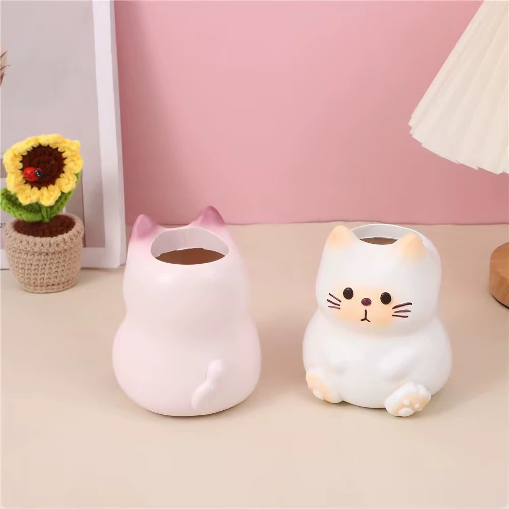 Chubby Cat Pen Holder – Cute Resin Desk Organizer for Pens & Faux Flowers, 2 Sizes (Pink / Orange)