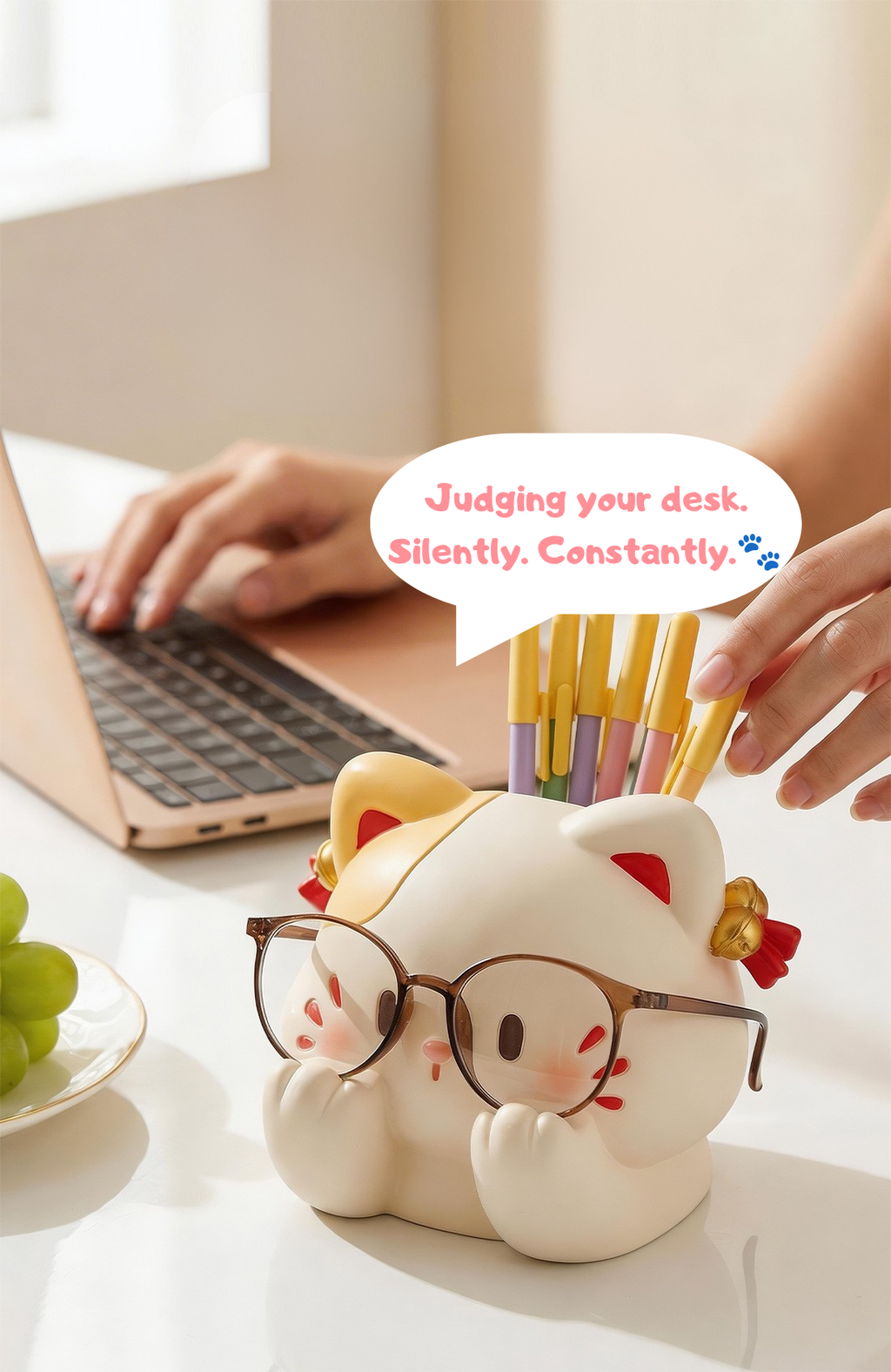 Cat Glasses Holder & Pen Cup – Cute Calico Cat Eyeglass Stand, Desk Organizer with Gift Box