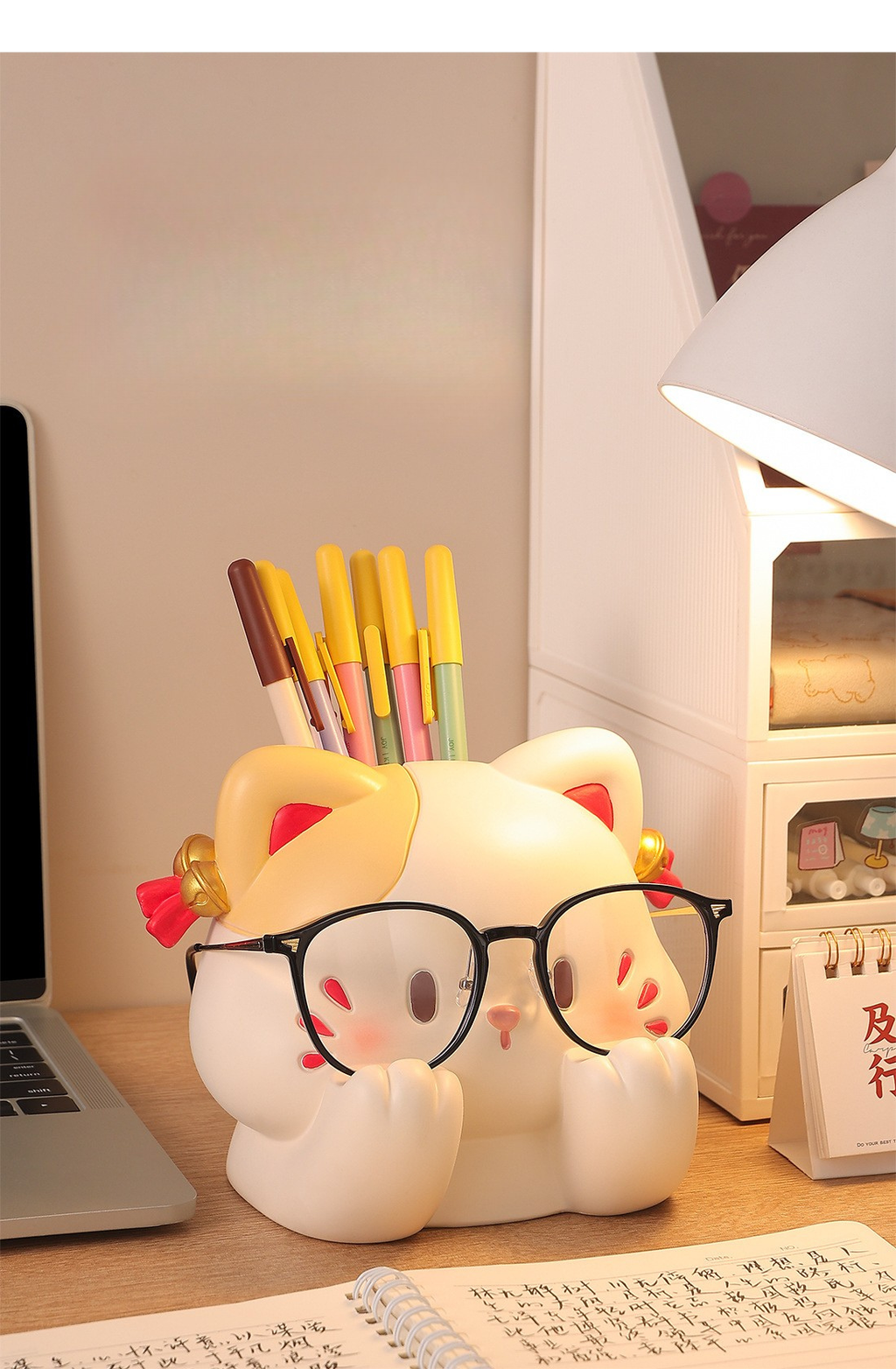 Cat Glasses Holder & Pen Cup – Cute Calico Cat Eyeglass Stand, Desk Organizer with Gift Box