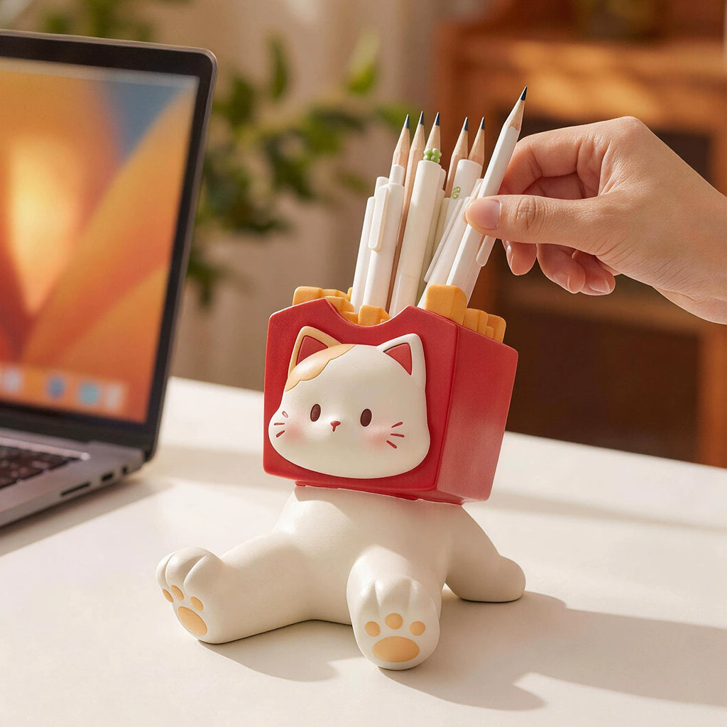 Fries Cat Phone Stand & Pen Holder – Cute Cat Desk Organizer with Gift Box