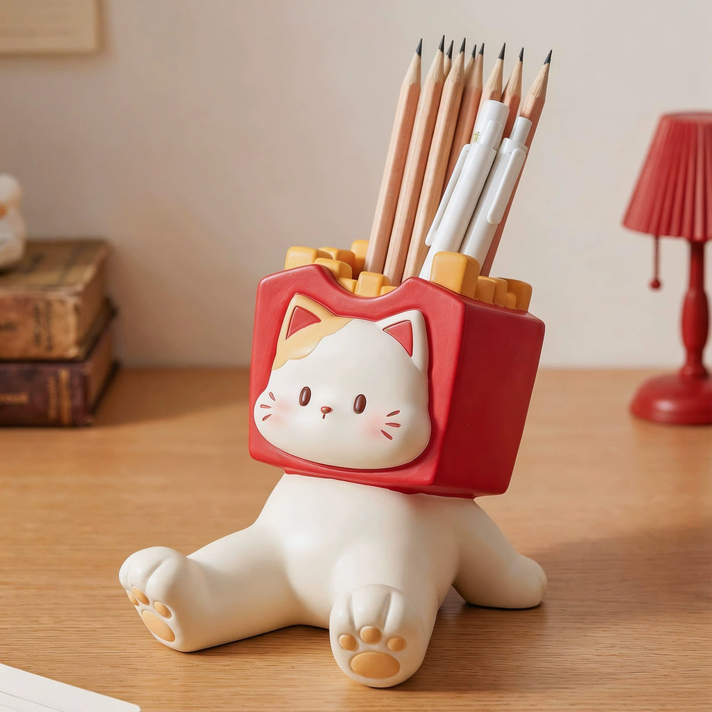 Fries Cat Phone Stand & Pen Holder – Cute Cat Desk Organizer with Gift Box