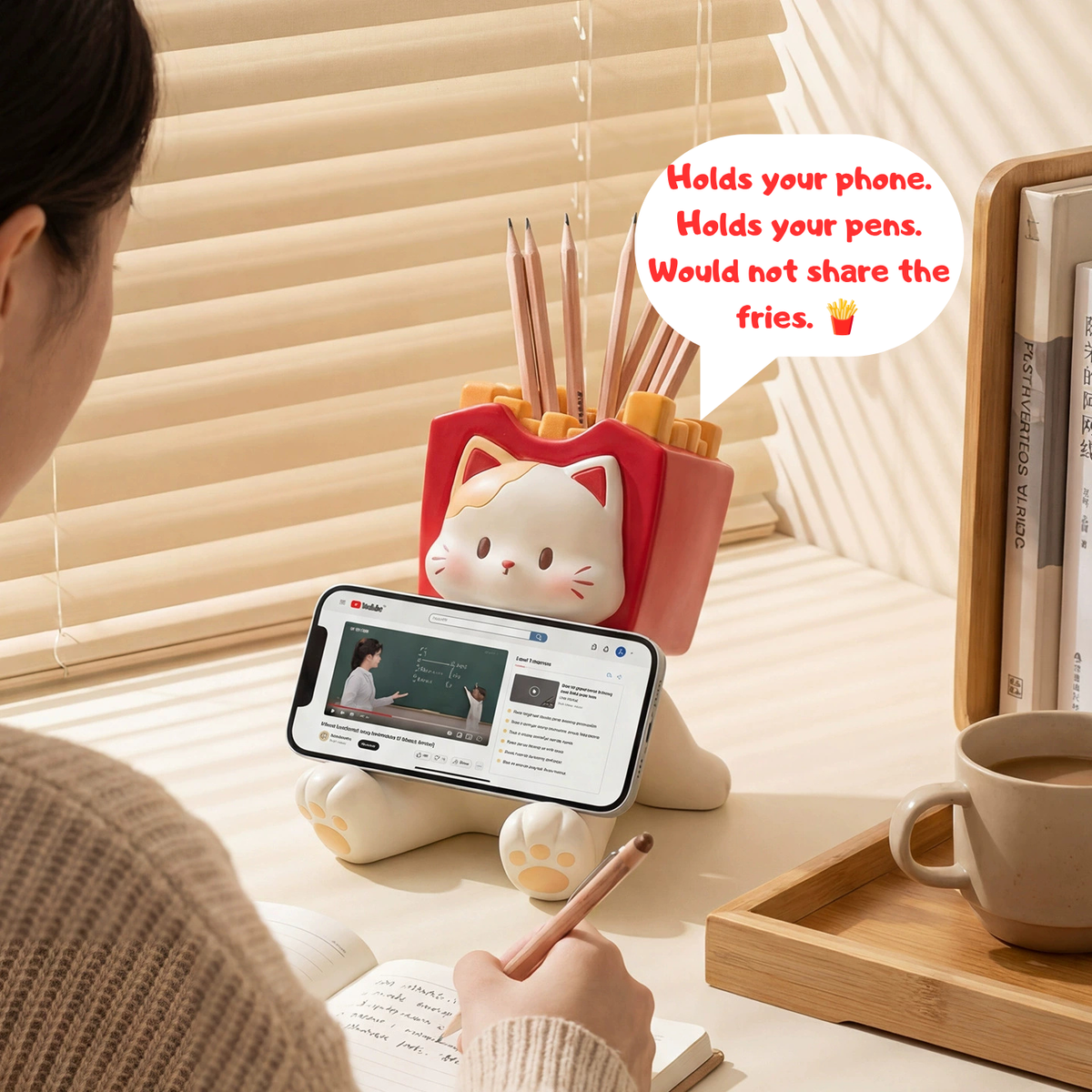 Fries Cat Phone Stand & Pen Holder – Cute Cat Desk Organizer with Gift Box