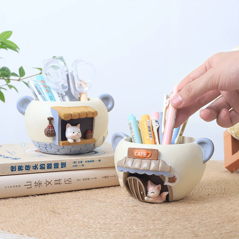 Cat Tavern Planter - Resin Mini Shop Succulent Pot & Pen Holder for Desk & Windowsill