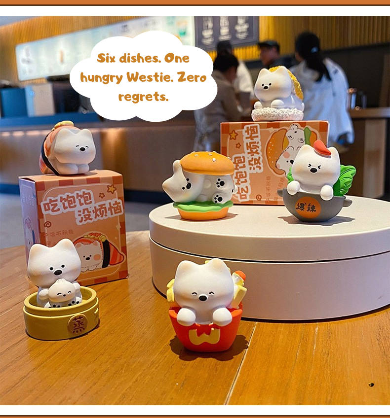 Foodie Westie Mini Figurines – Cute Resin Dog & Food Desk Decor, 6 Styles (Single or Full Set)