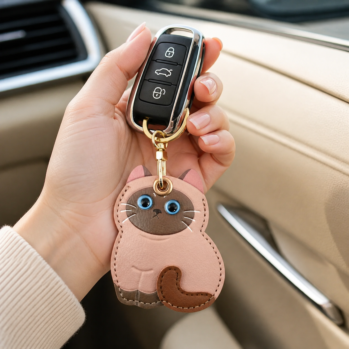 FluffyHunt Leather Cat Keychain – Access Card & AirTag Holder