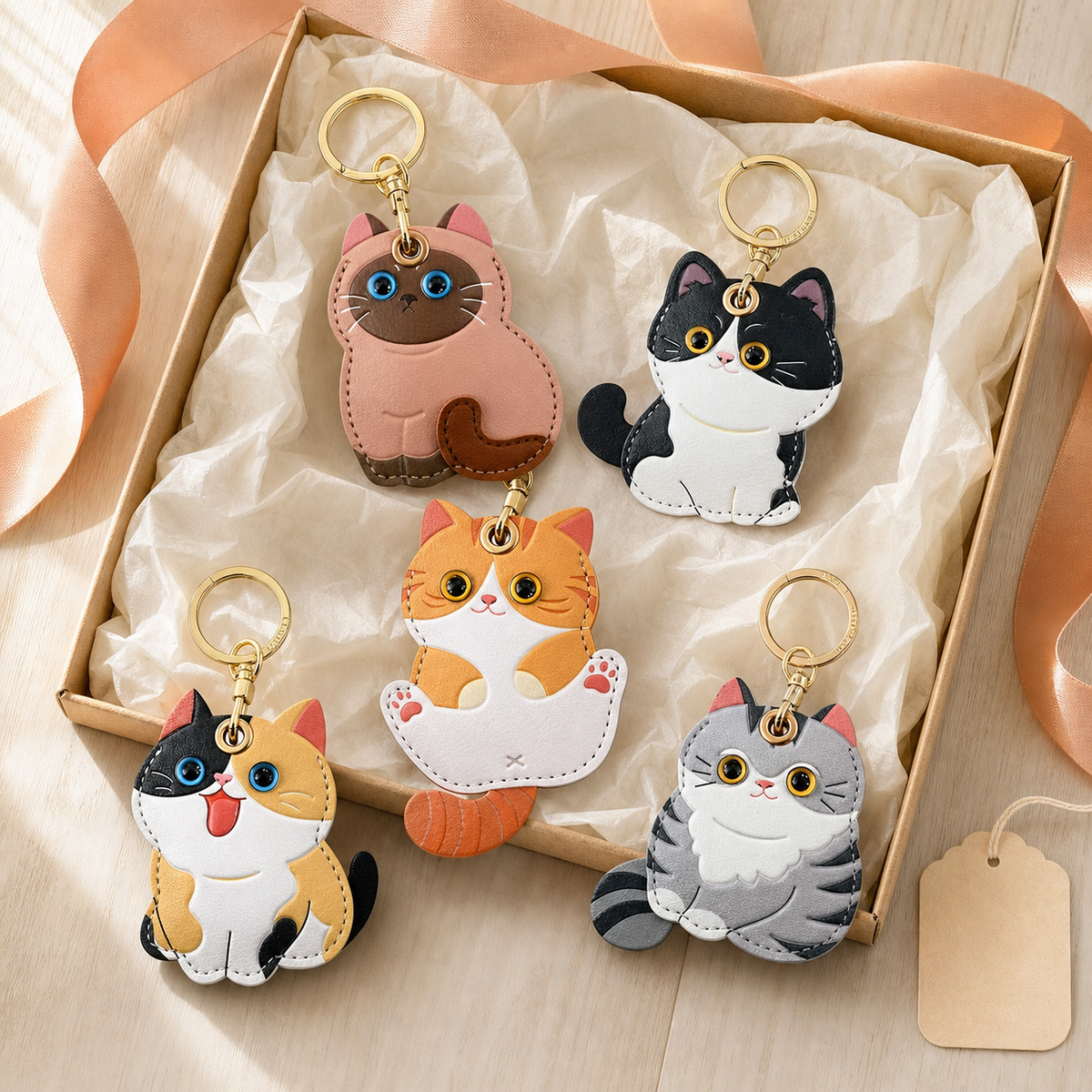 FluffyHunt Leather Cat Keychain – Access Card & AirTag Holder