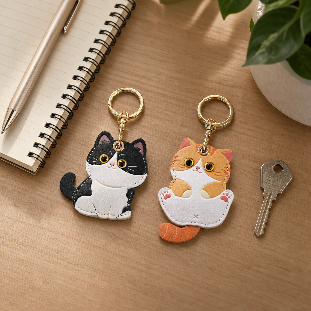 FluffyHunt Leather Cat Keychain – Access Card & AirTag Holder