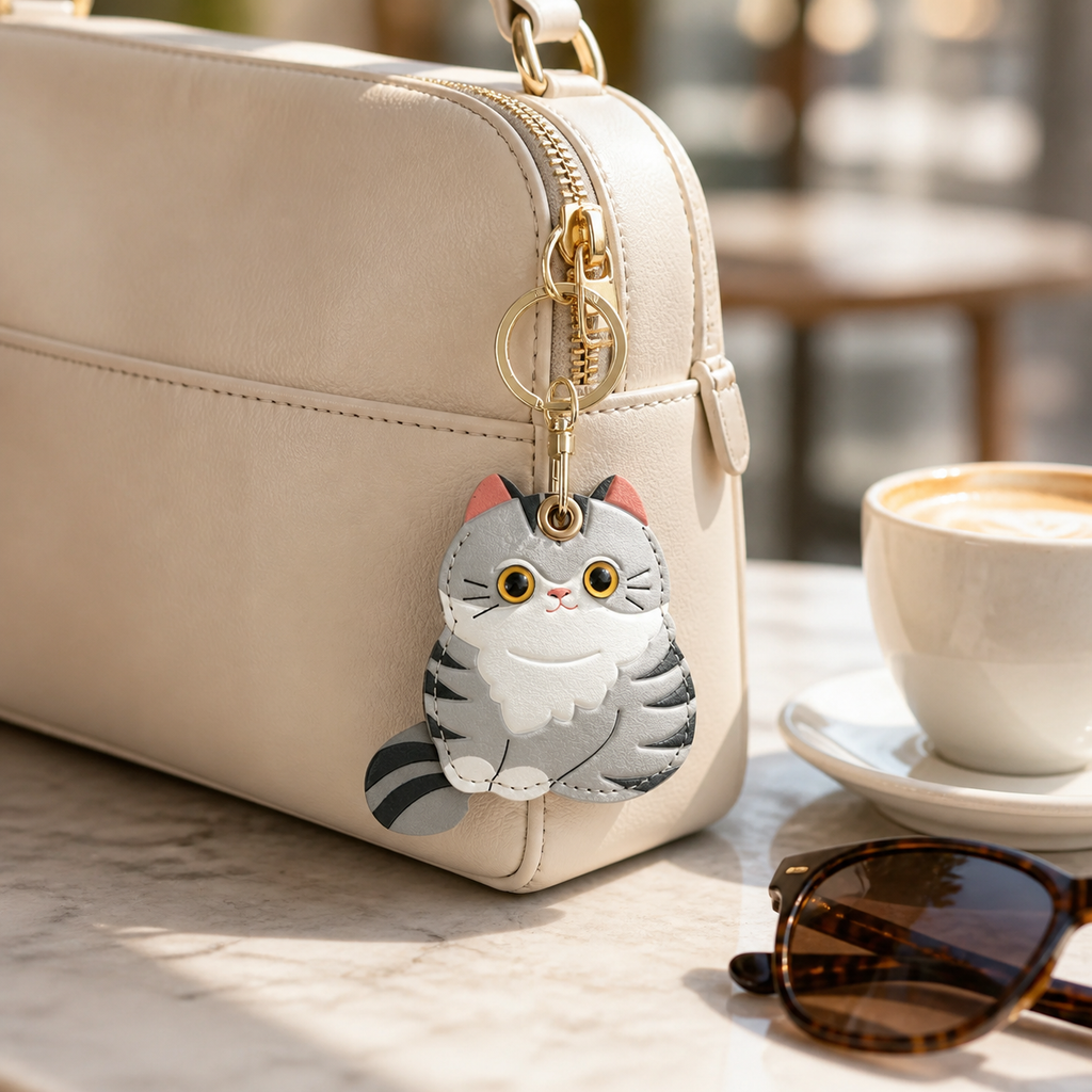 FluffyHunt Leather Cat Keychain – Access Card & AirTag Holder