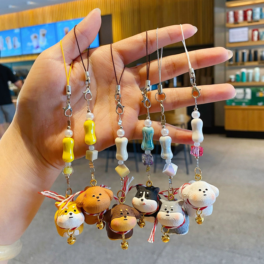 Beaded Dog Phone Charm Set – Matching Puppy Keychain Pair with Bells for Phones, Keys & Bags, 3 Styles