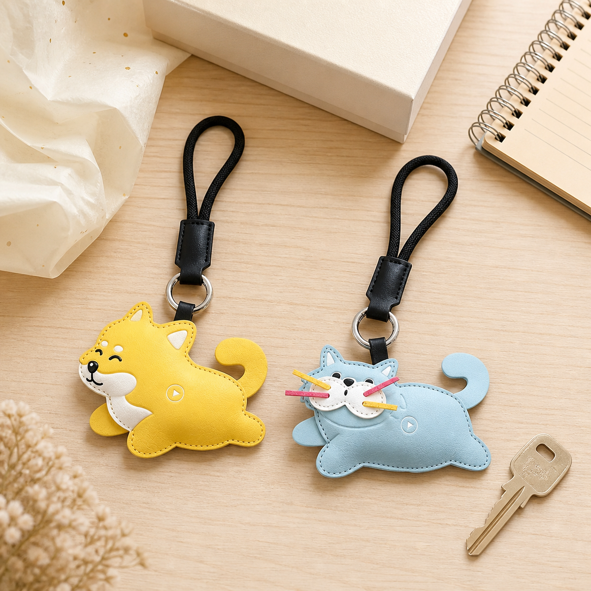FluffyHunt Leather Squeeze & Squeak Keychain – Cat & Shiba Dog