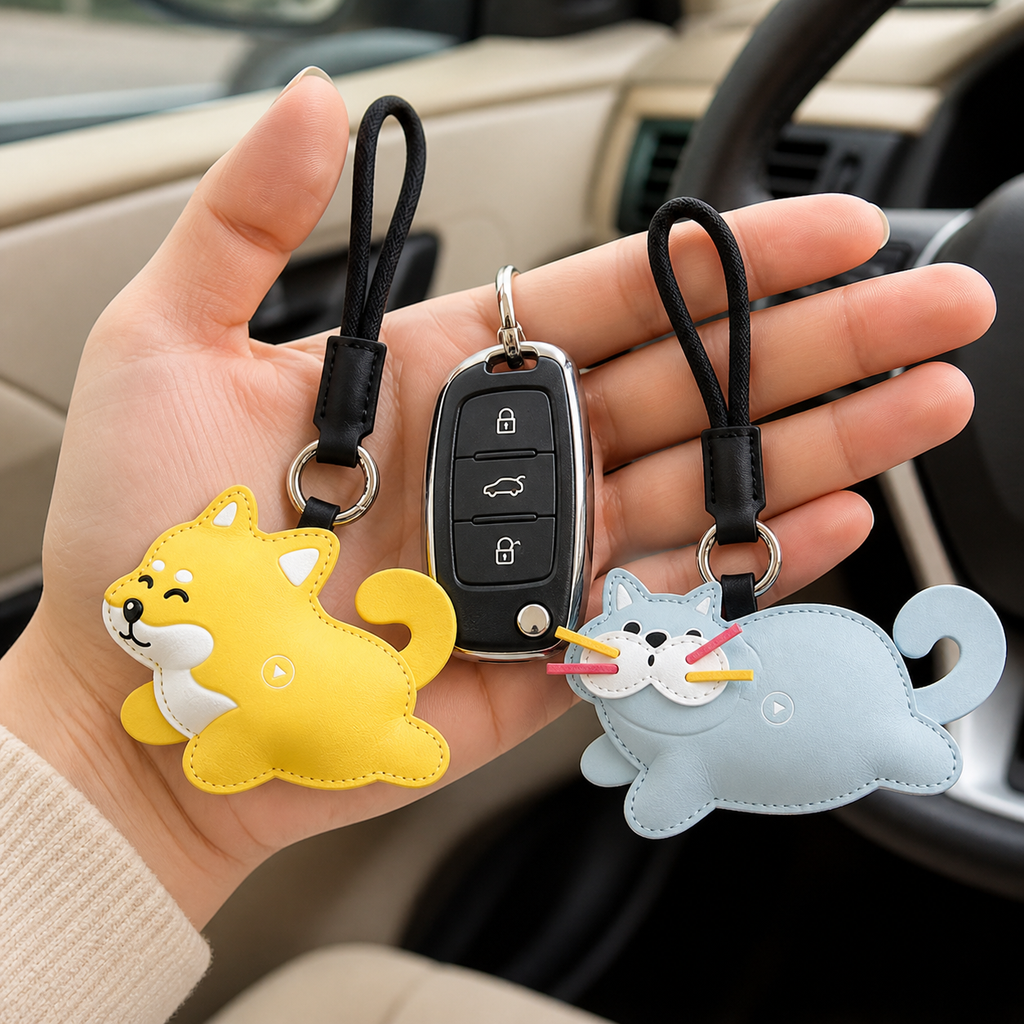 FluffyHunt Leather Squeeze & Squeak Keychain – Cat & Shiba Dog