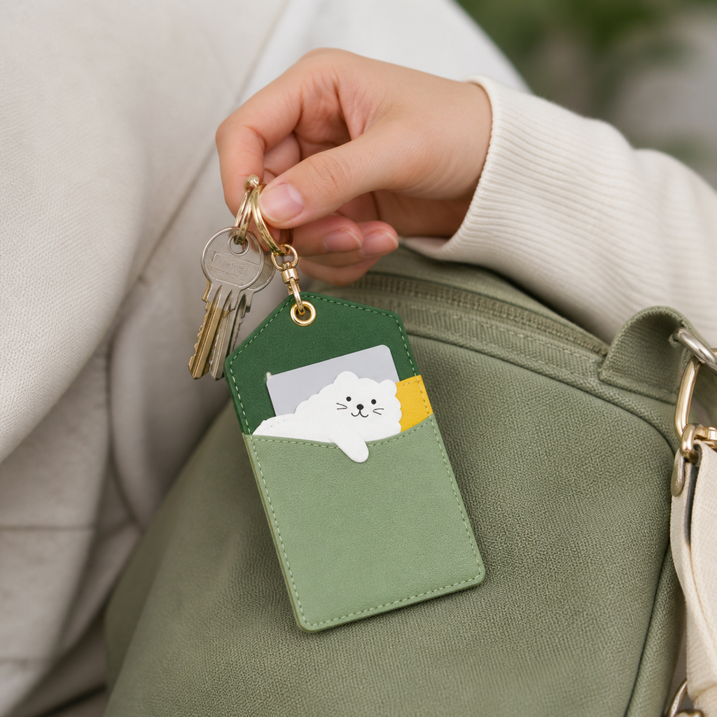 FluffyHunt PU Leather Peek-a-Boo Animal ID Card Holder Keychain