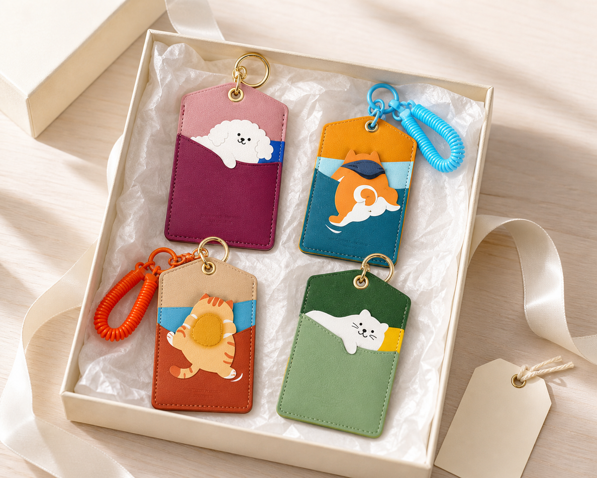 FluffyHunt PU Leather Peek-a-Boo Animal ID Card Holder Keychain