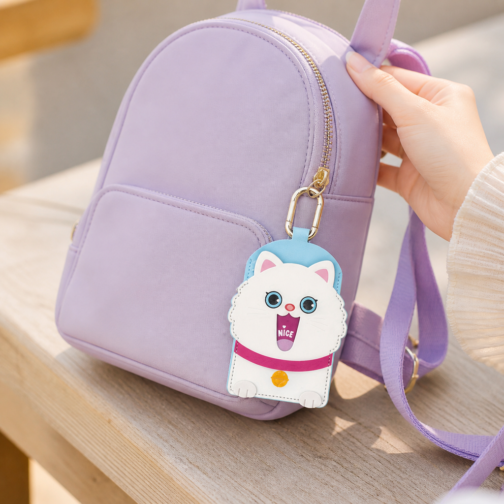 FluffyHunt PU Leather Peek-a-Boo Animal ID Card Holder Keychain