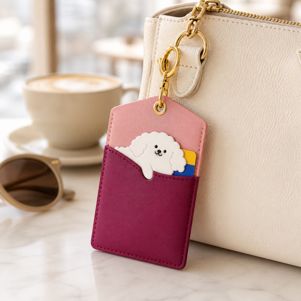 FluffyHunt PU Leather Peek-a-Boo Animal ID Card Holder Keychain
