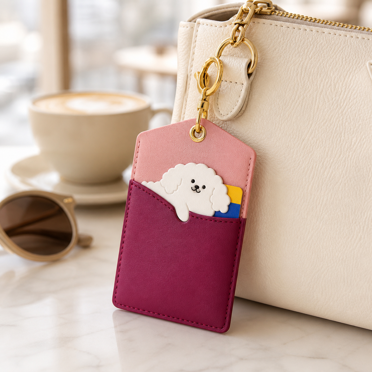 FluffyHunt PU Leather Peek-a-Boo Animal ID Card Holder Keychain